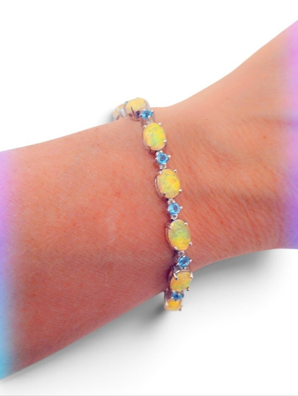 925 Sterling Silver Opal & Topaz Tennis Bracelet